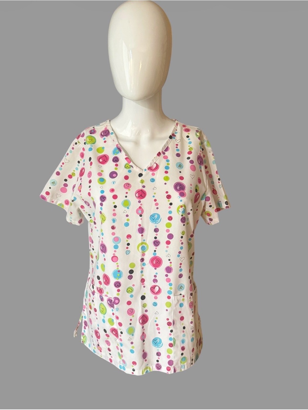 SB Scrubs White V-Neck Short Sleeve Top with Pink, Blue & Green Dot Print